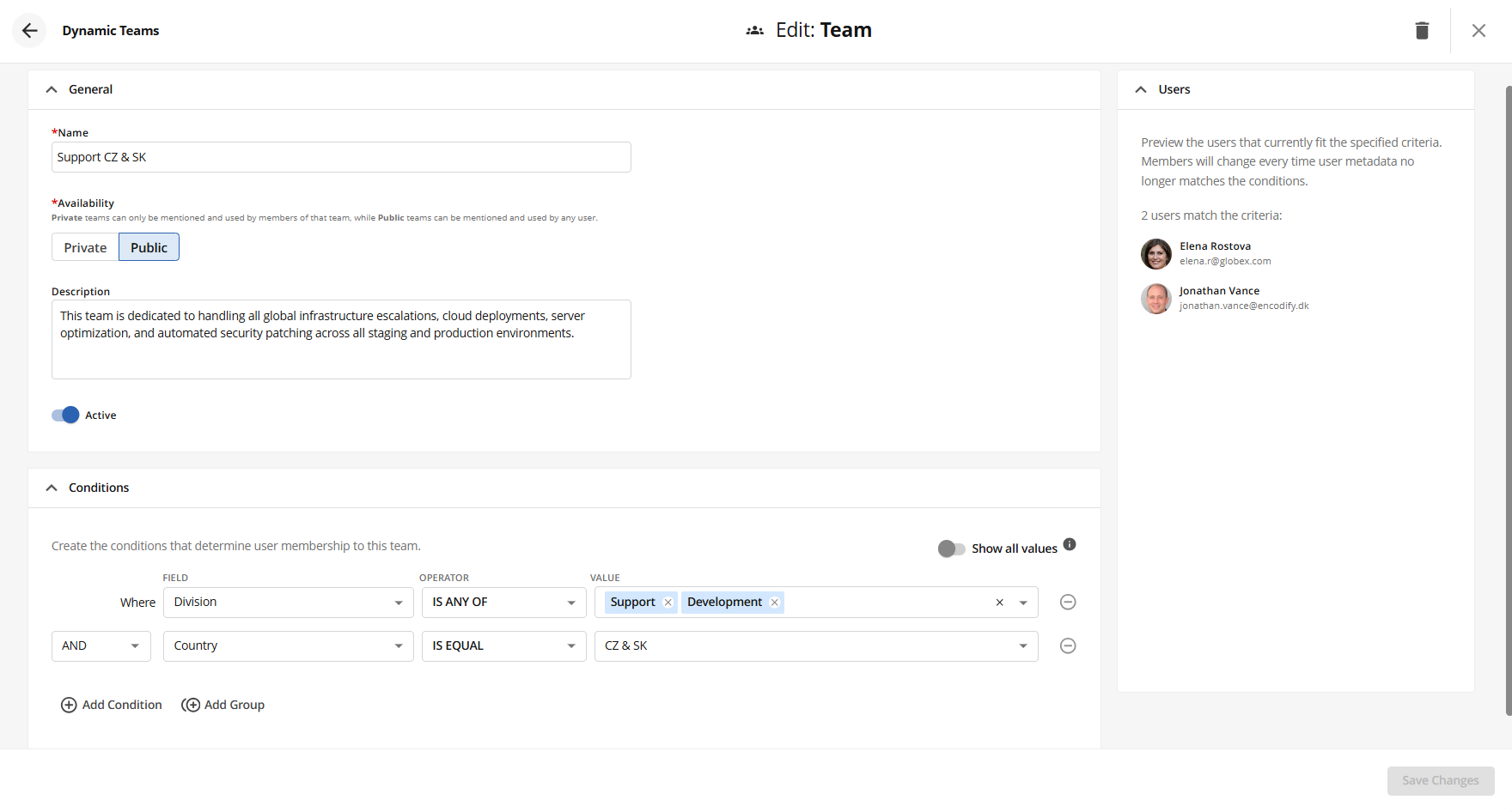 Editing team details including name, availability, description, and user conditions.
